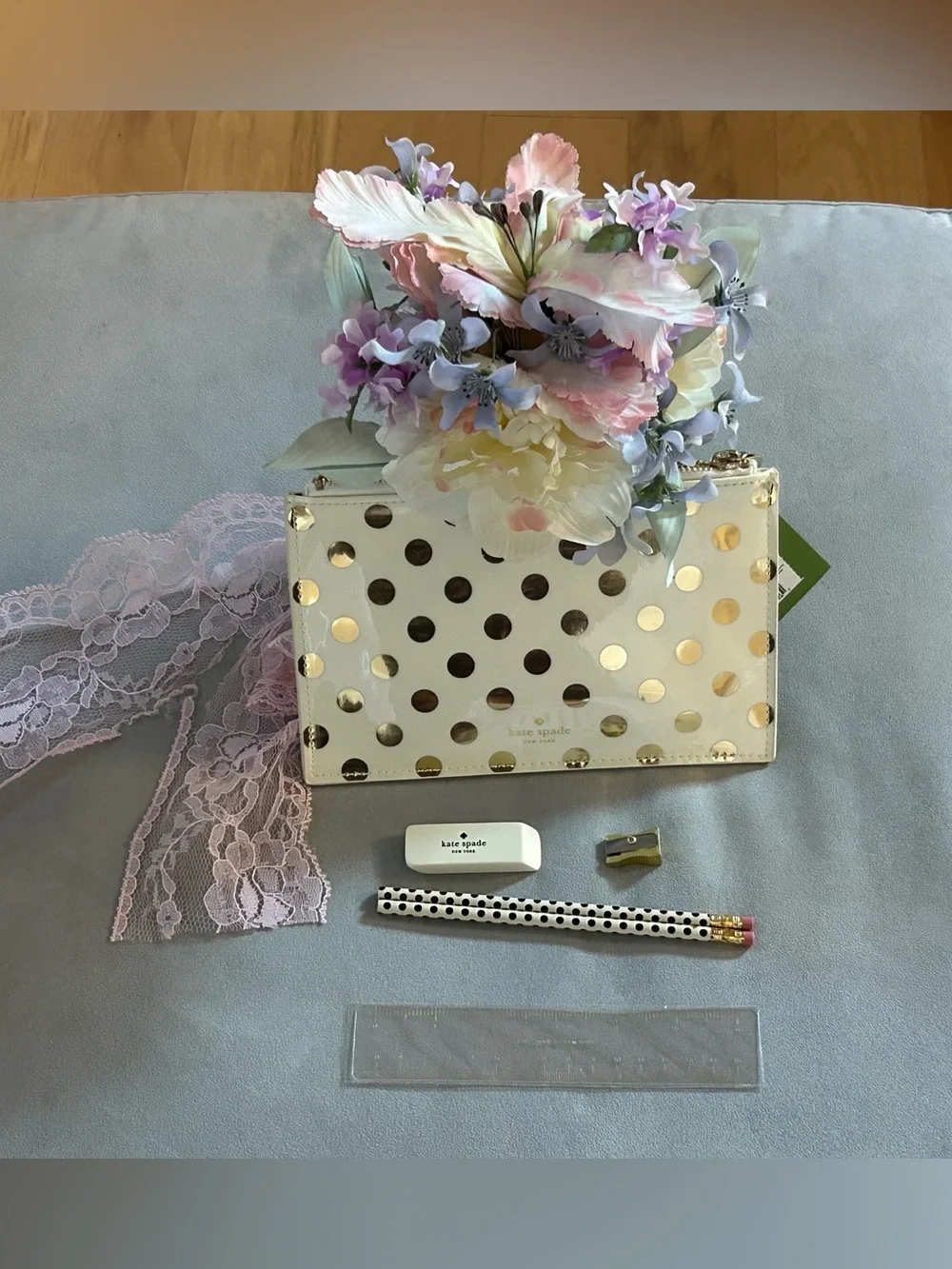 kate spade Cream and Gold Polka Dot Pencil Pouch